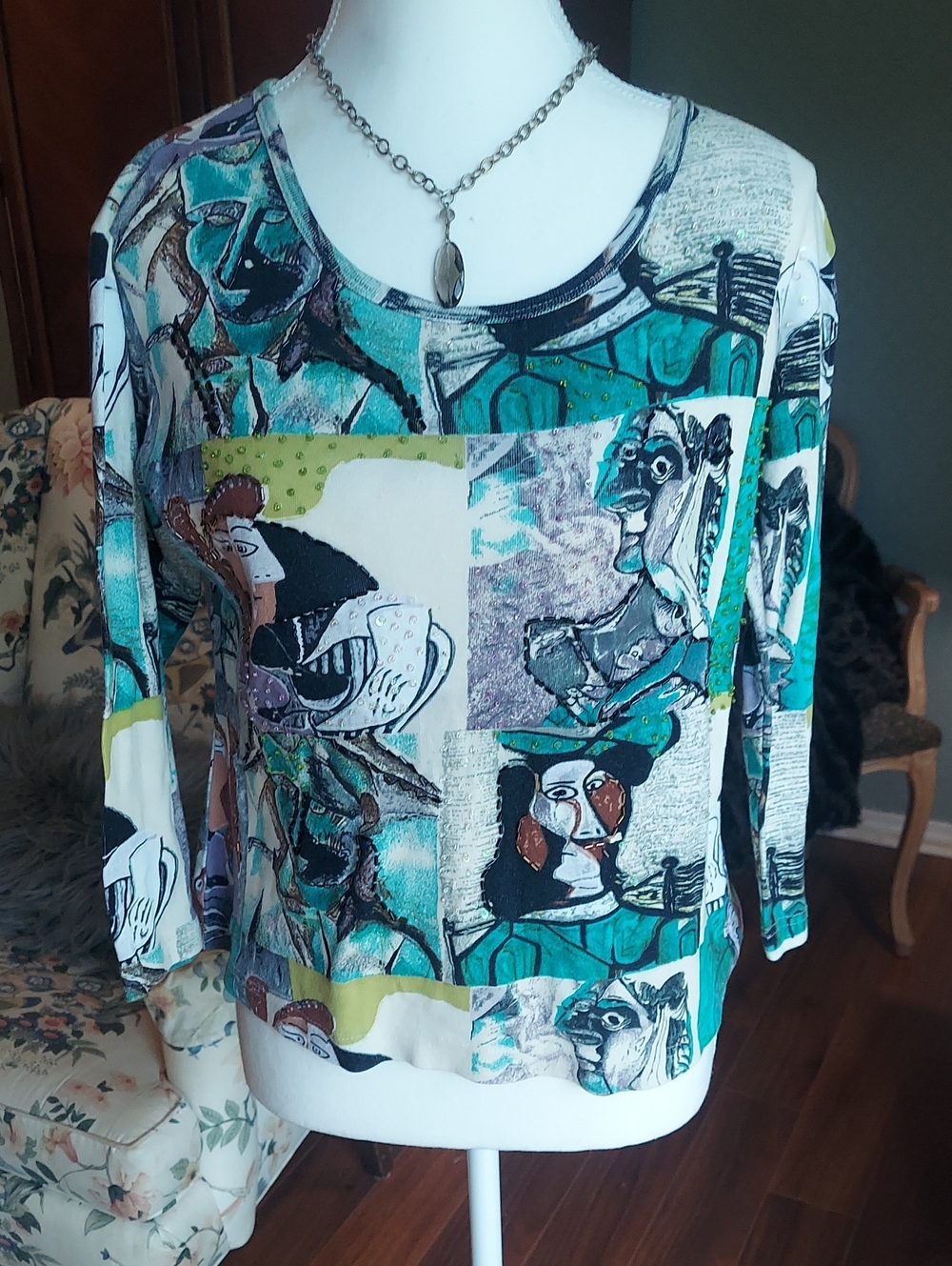Kaktus Teal, White & Green Abstract Patchwork Long Sleeve Top